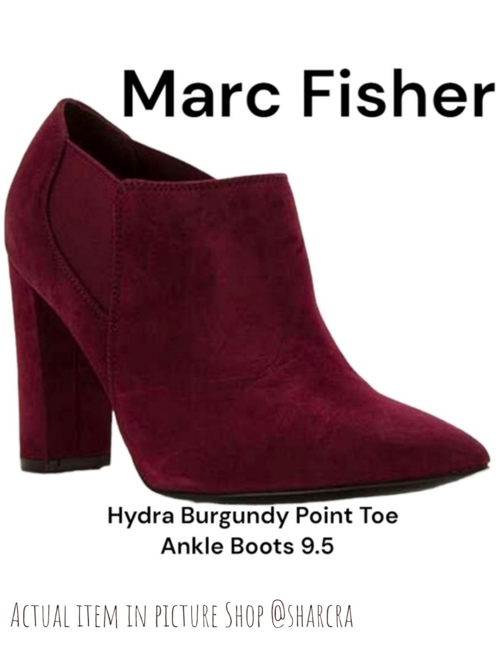 MARC FISHER Women's Hydra pointed toe block heel ankle boots Burgundy Wine 9.5